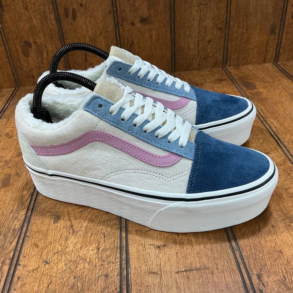Vans Old Skool Stackform Shoes Womens 8.5 Blue Pink Platform Sherpa Pig Suede